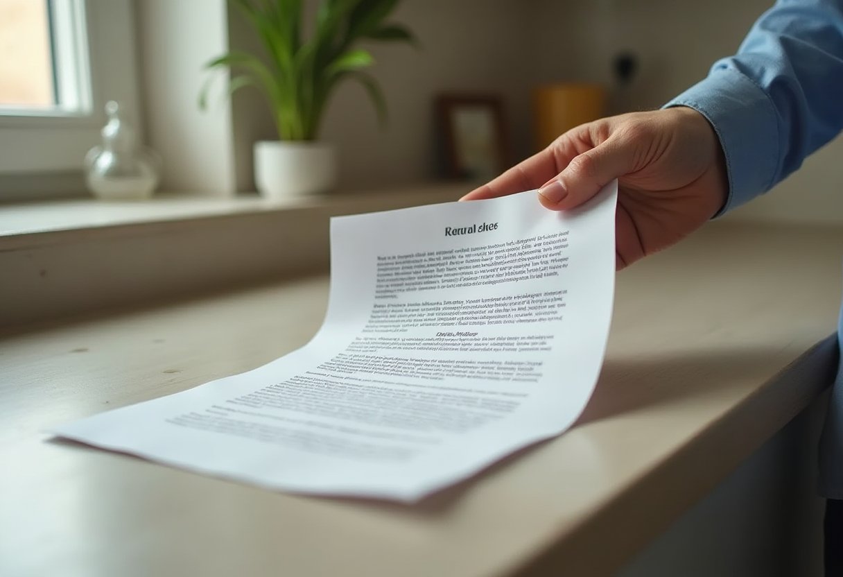 Landlord's hand placing a formal legal notice document on a kitchen counter in a Victorian rental property