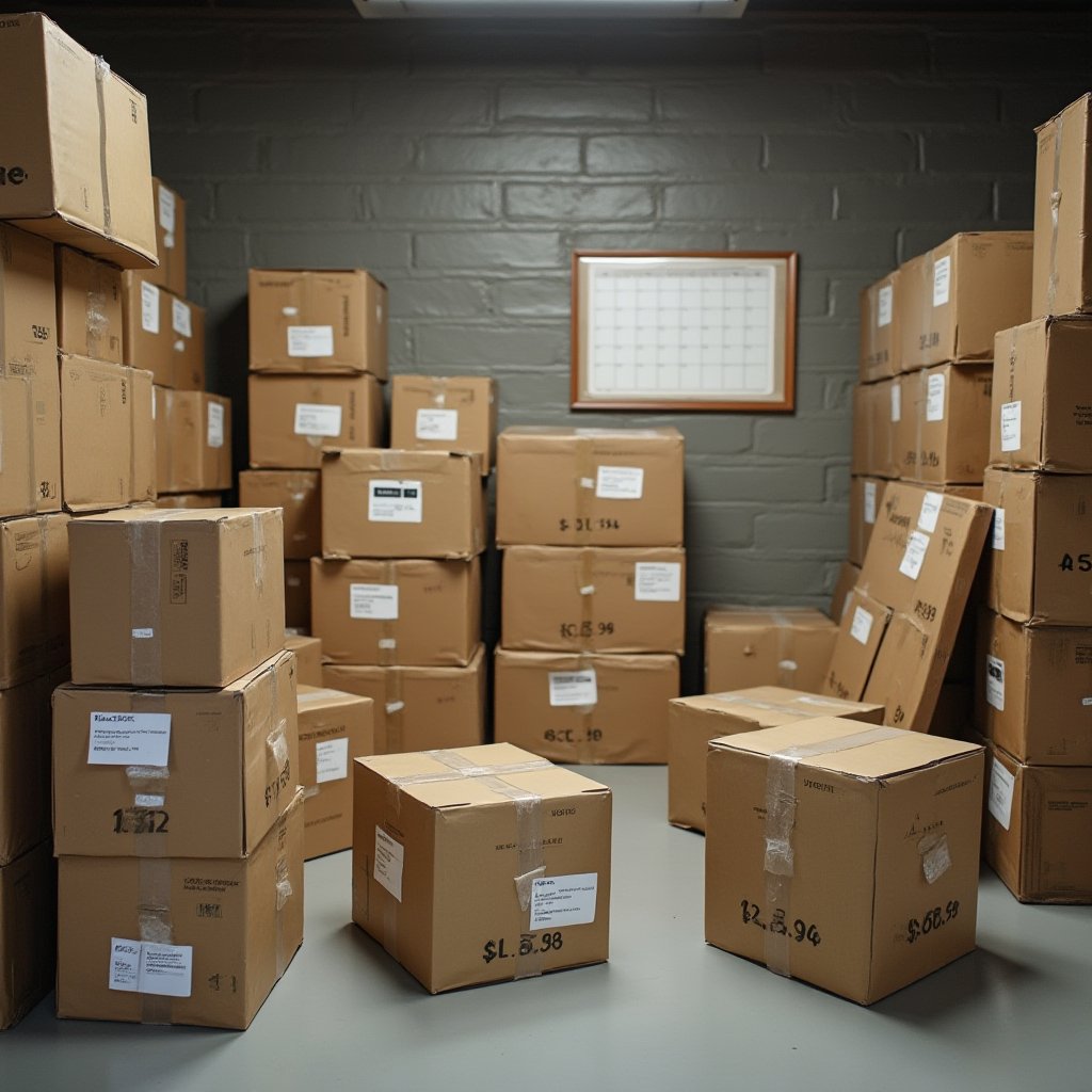 Stacked, taped cardboard boxes in a storage room, held by a rental provider during the minimum storage period