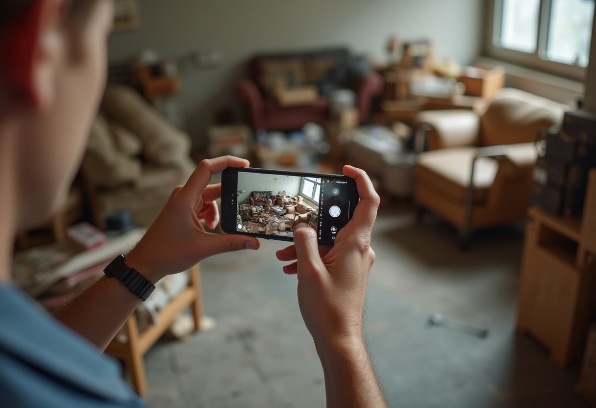Landlord photographing belongings left in a cluttered Victorian rental property before the storage period ends