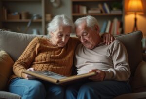 Elderly couple sitting close on a sofa, reviewing a photo album together before hoarding cleanup help begins.