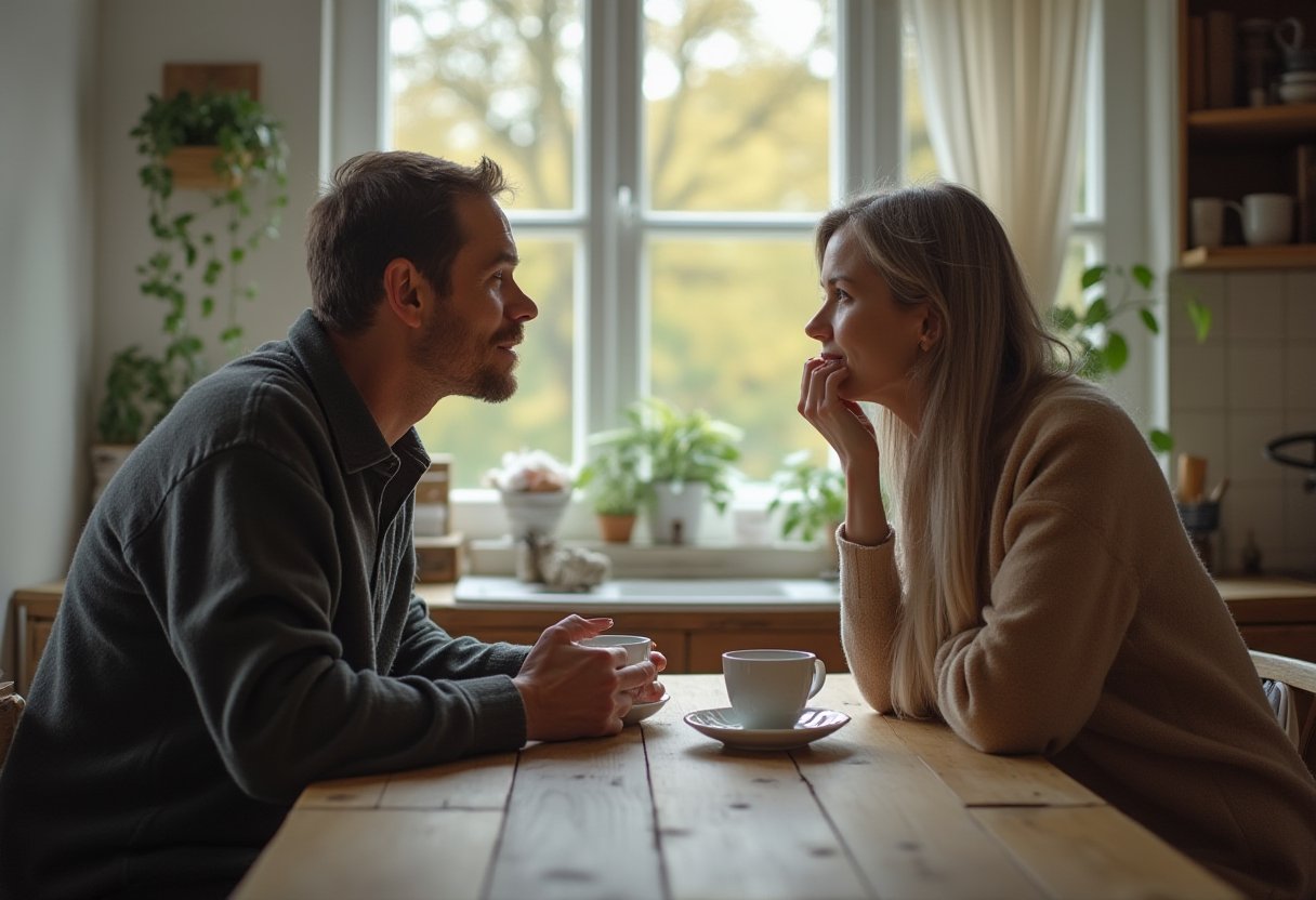 Adult child and parent talk calmly over coffee at the kitchen table, planning a hoarder house cleanup approach
