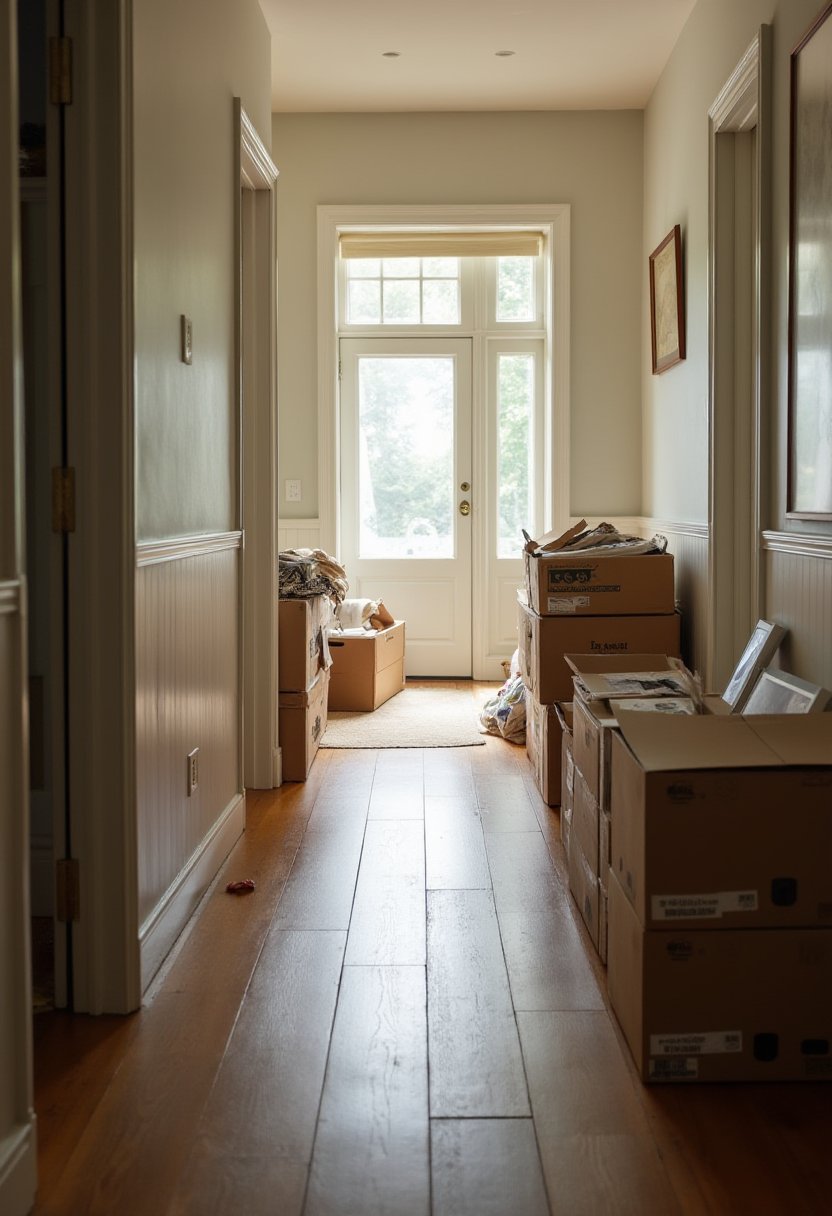 Hallway lined with stacked cardboard boxes, cleared to keep the path to the front door open during hoarder house cleanup
