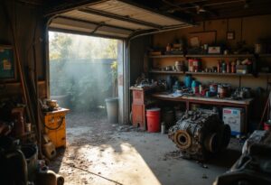 Cluttered garage floor with a rusty engine block, paint tins and oil cans lined up for old car parts disposal.
