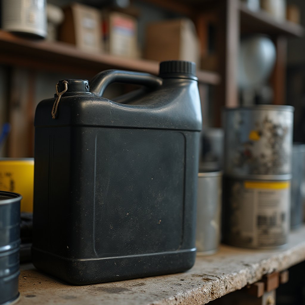 Black plastic oil jug beside old paint tins on a garage shelf, awaiting oil disposal and paint tin disposal