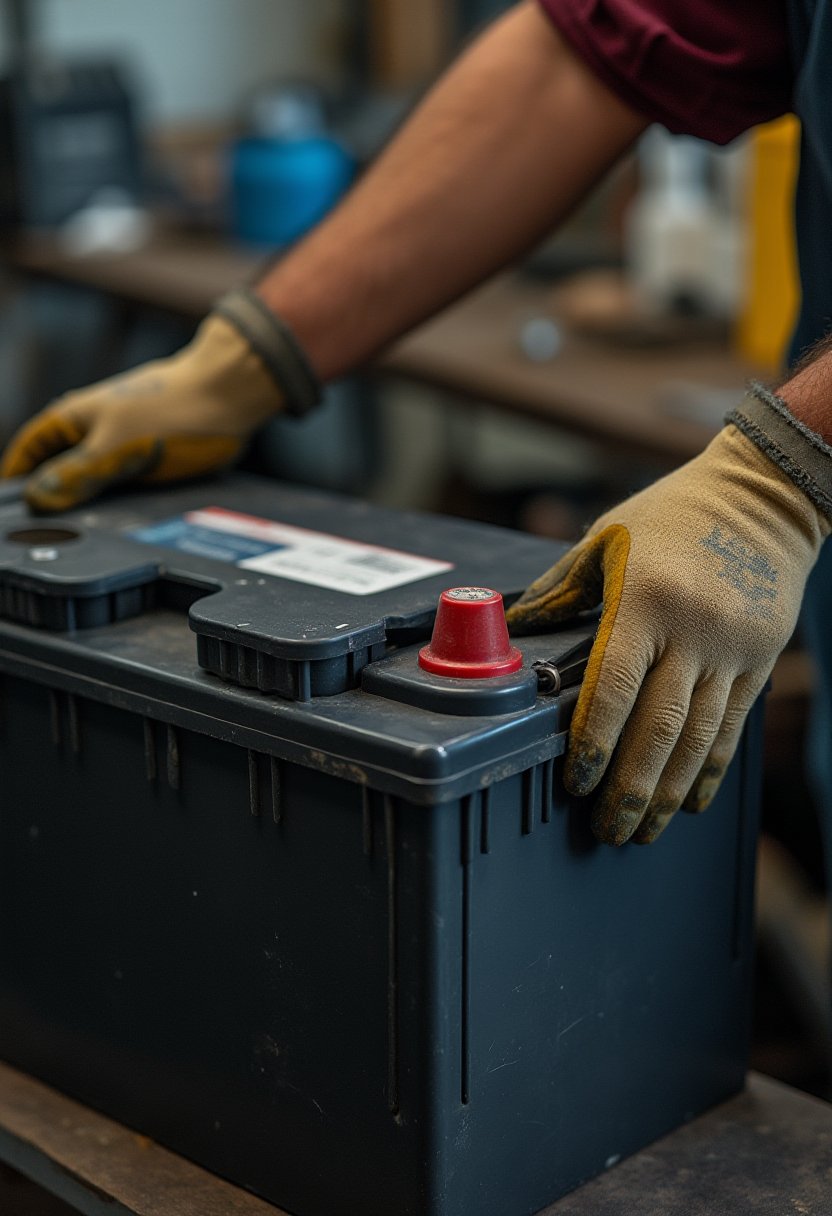 Gloved hands lifting a used car battery from a workbench for recycling, avoiding the common B-cycle disposal mistake