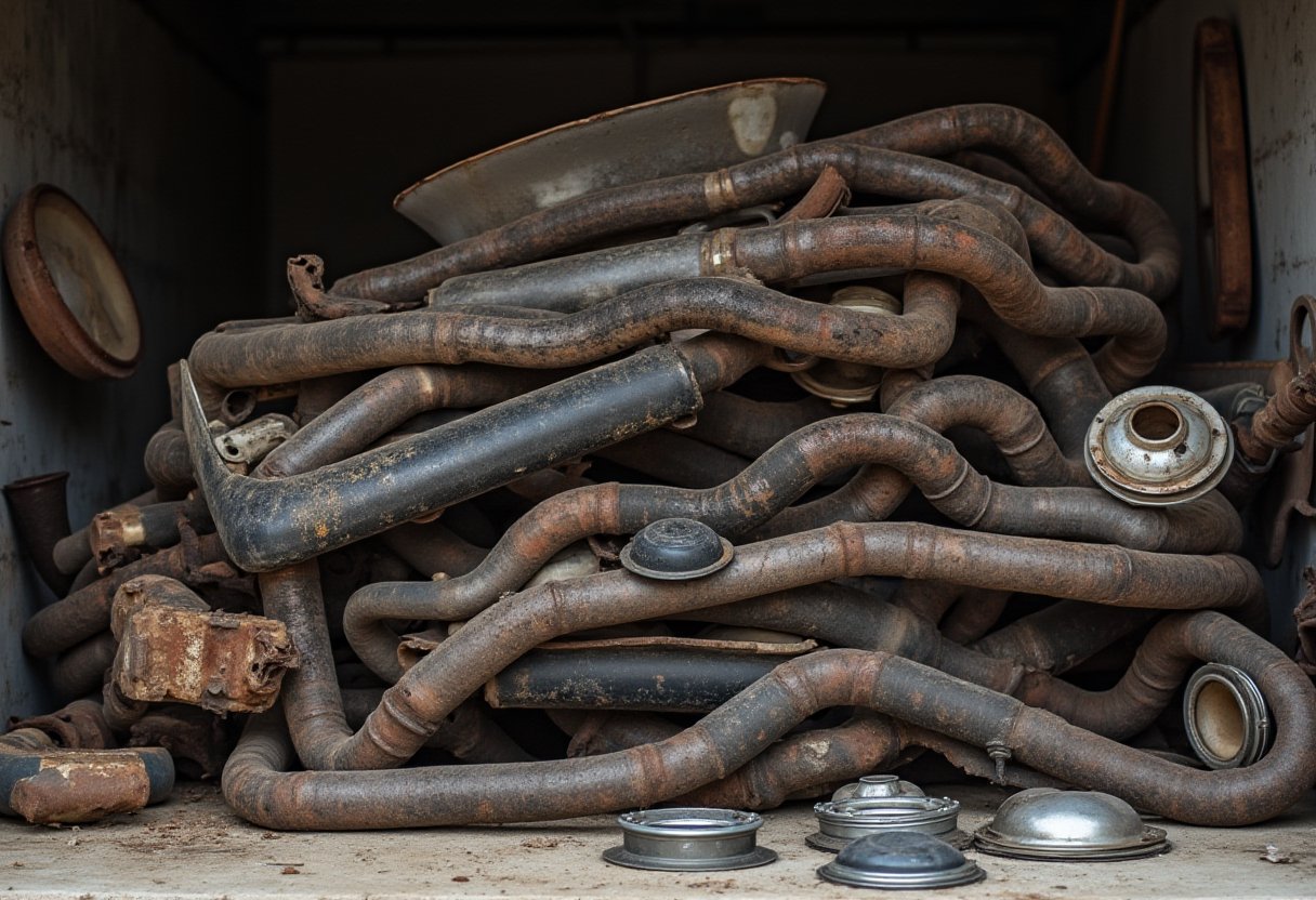 Rusted exhaust pipes and hubcaps piled in a garage, the tangled metal typical of old car parts disposal