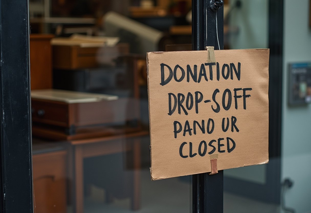 Cardboard sign on a charity shop door reading "Donation drop-off, piano or organ closed" — why nobody wants it for piano disposal in Melbourne
