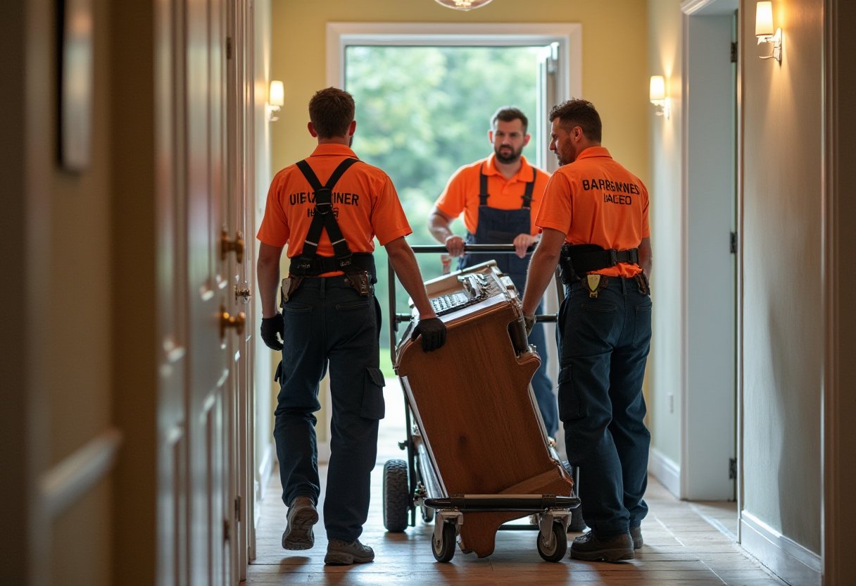 Three removalists in orange hi-vis wheel an upright piano on a trolley down a hallway toward the front door in Melbourne