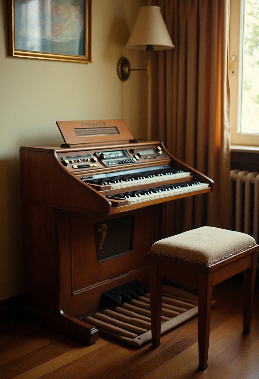 Vintage double-keyboard home organ with foot pedals in a Melbourne lounge room, awaiting organ removal