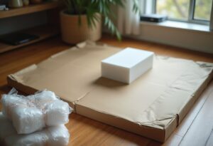 Flattened cardboard box, new TV packaging and bundled polystyrene foam sit on a lounge floor awaiting polystyrene disposal in Melbourne