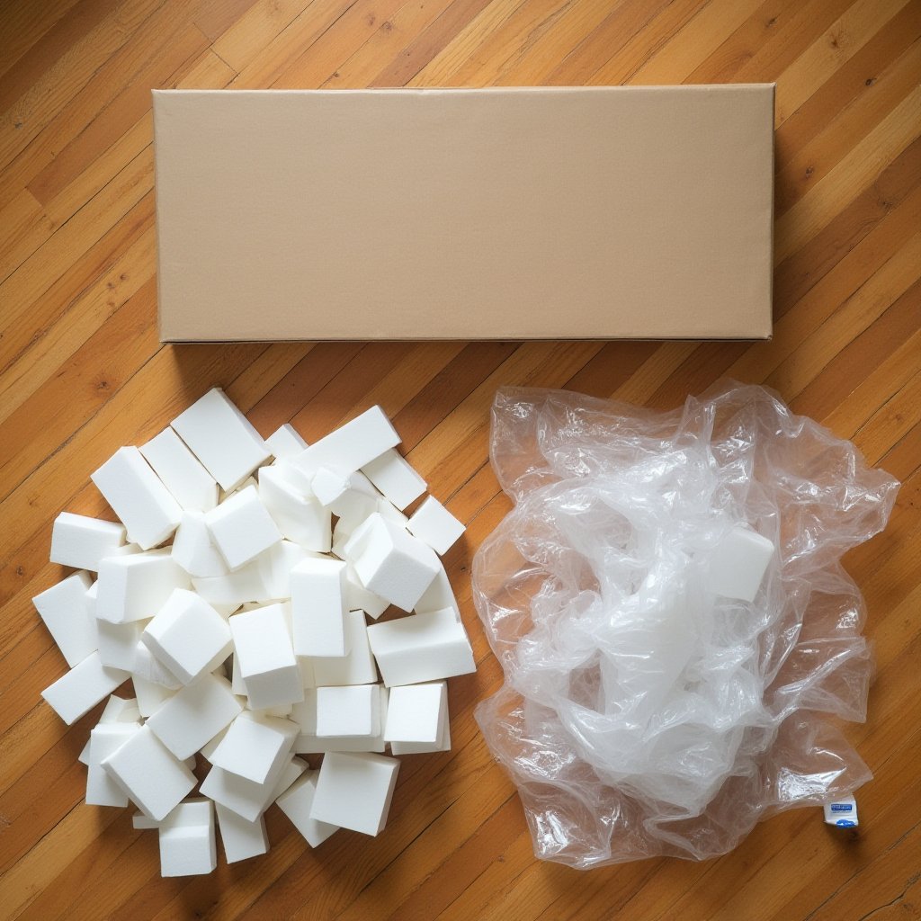 Flattened TV box, polystyrene foam blocks and crumpled plastic film sorted separately on a floor before disposal