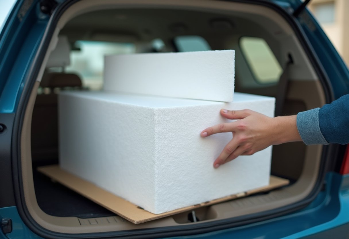 Loading polystyrene packaging and a cardboard box into a car boot for polystyrene disposal in Melbourne