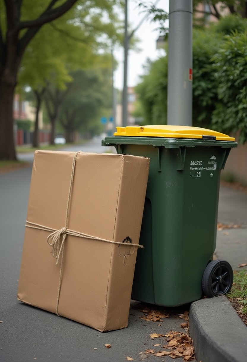 Flattened cardboard box tied with string leaning against a kerbside recycling bin, ready for Melbourne cardboard disposal