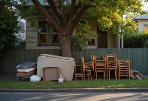 Port Phillip hard rubbish pile of mattress, stacked timber chairs and bedding on a nature strip outside a weatherboard home.