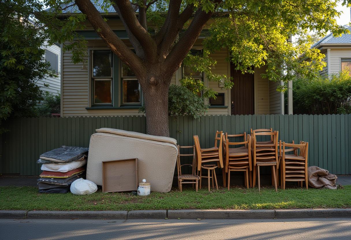 Port Phillip hard rubbish pile of mattress, stacked timber chairs and bedding on a nature strip outside a weatherboard home.