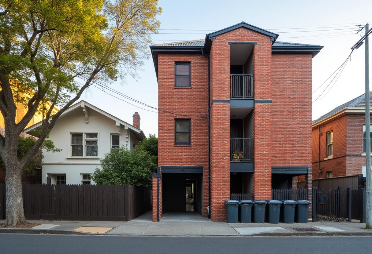 Row of council bins outside a red-brick St Kilda apartment block, showing shared hard rubbish entitlements for Port Phillip units
