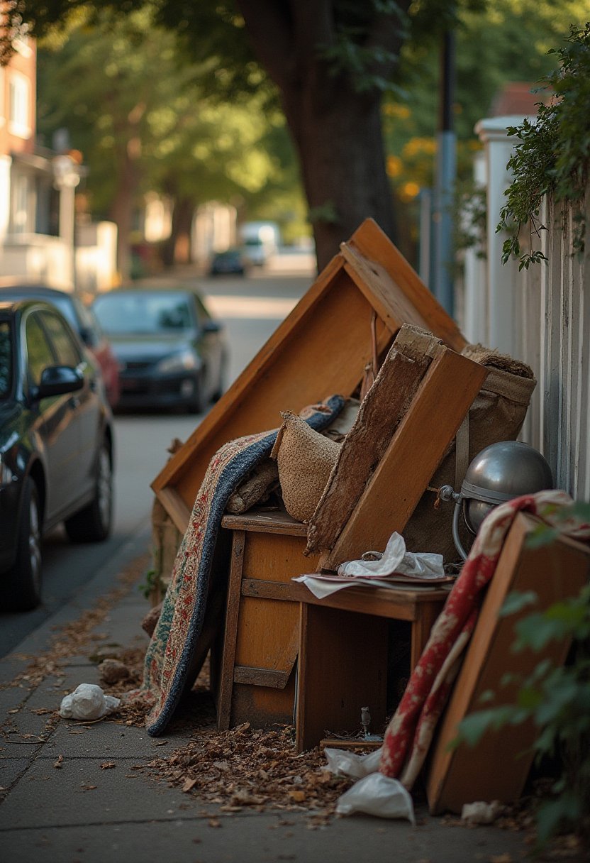 Old timber furniture, rolled rugs and a lamp piled kerbside on a leafy street ahead of Elwood hard rubbish collection