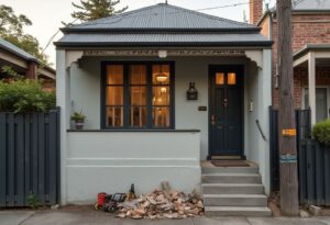 Narrow inner-east terrace house with renovation rubble piled by the front steps, nowhere for a rubbish removal skip to park.