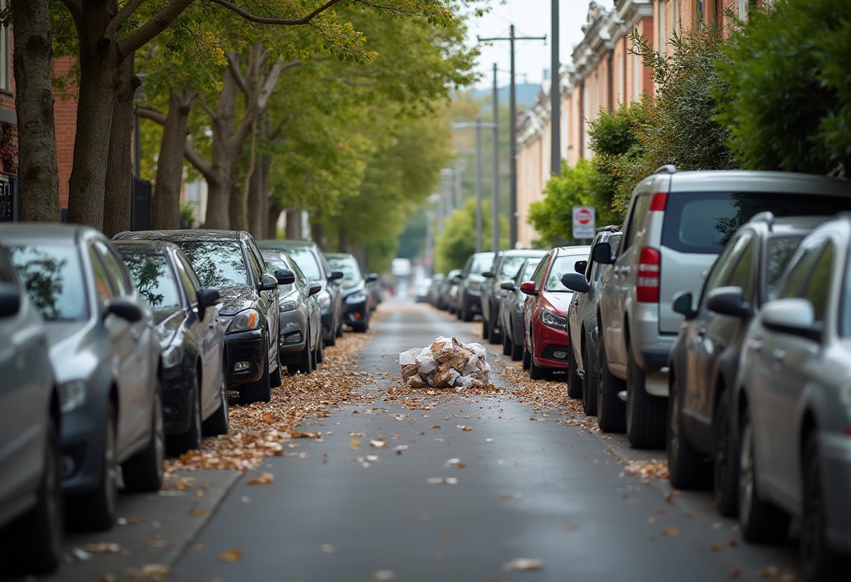 Bagged rubble sits on a narrow terrace street with cars parked bumper to bumper, leaving no skip bin access
