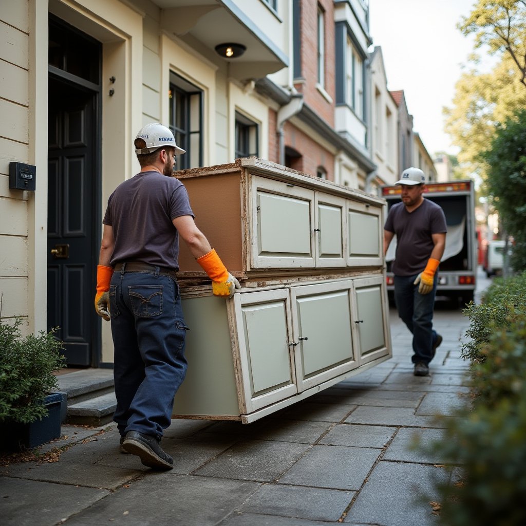 Two removalists carry an old kitchen cabinet from a terrace house down a narrow footpath to a waiting truck