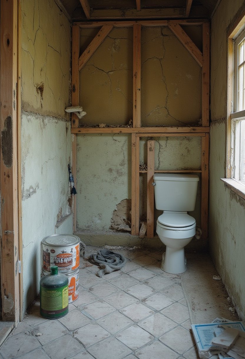 Gutted terrace bathroom with old toilet, exposed studwork, and a paint tin and gas canister awaiting special handling