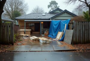 Stacked timber boards and blue tarps covering renovation waste storage on a wet suburban driveway in winter.