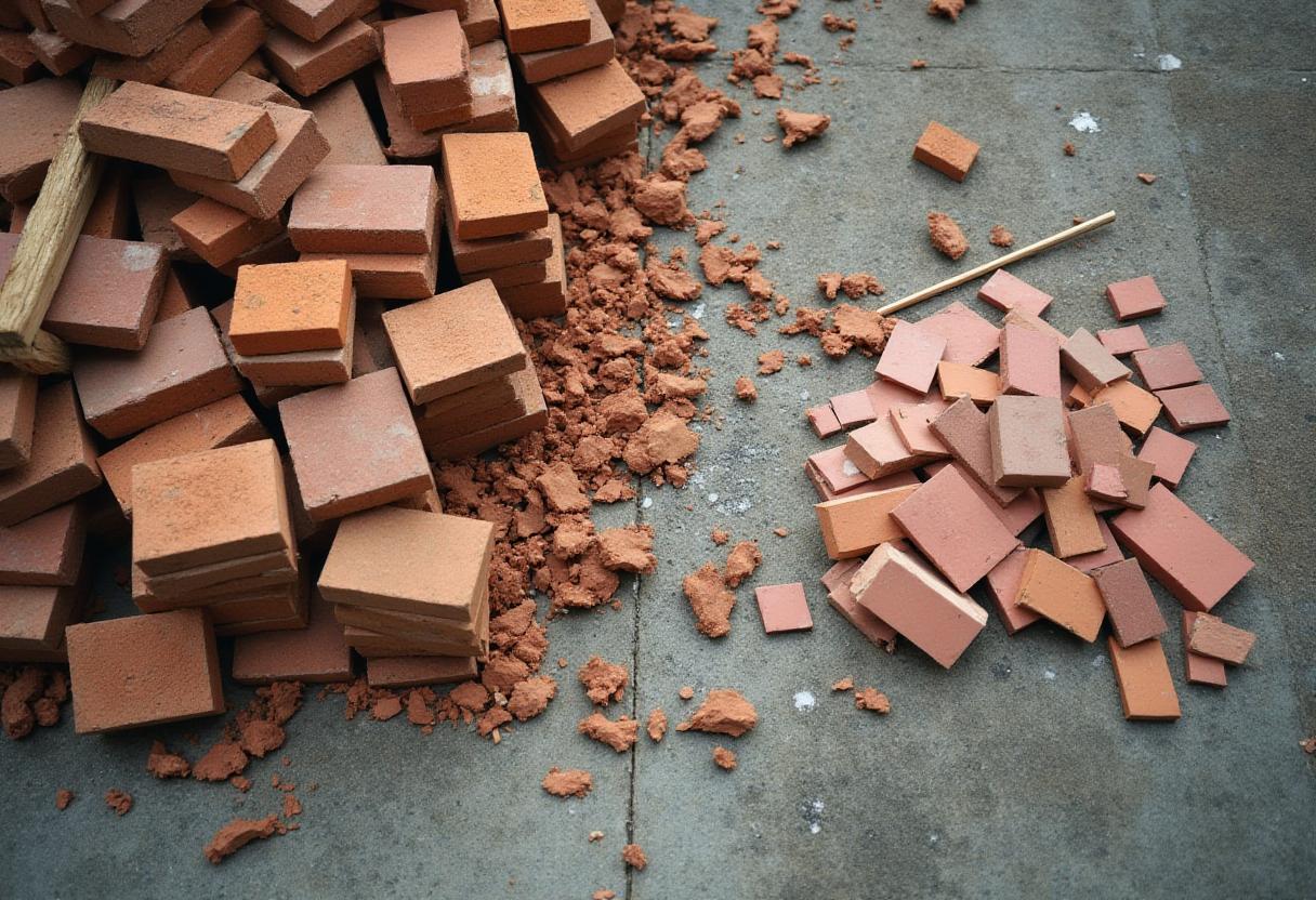 Reclaimed bricks and broken tiles sorted into separate piles on a driveway during interim renovation cleanup