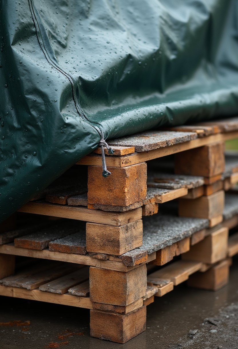 Green tarpaulin roped over building materials stacked on wooden pallets, keeping renovation waste storage dry off the wet ground