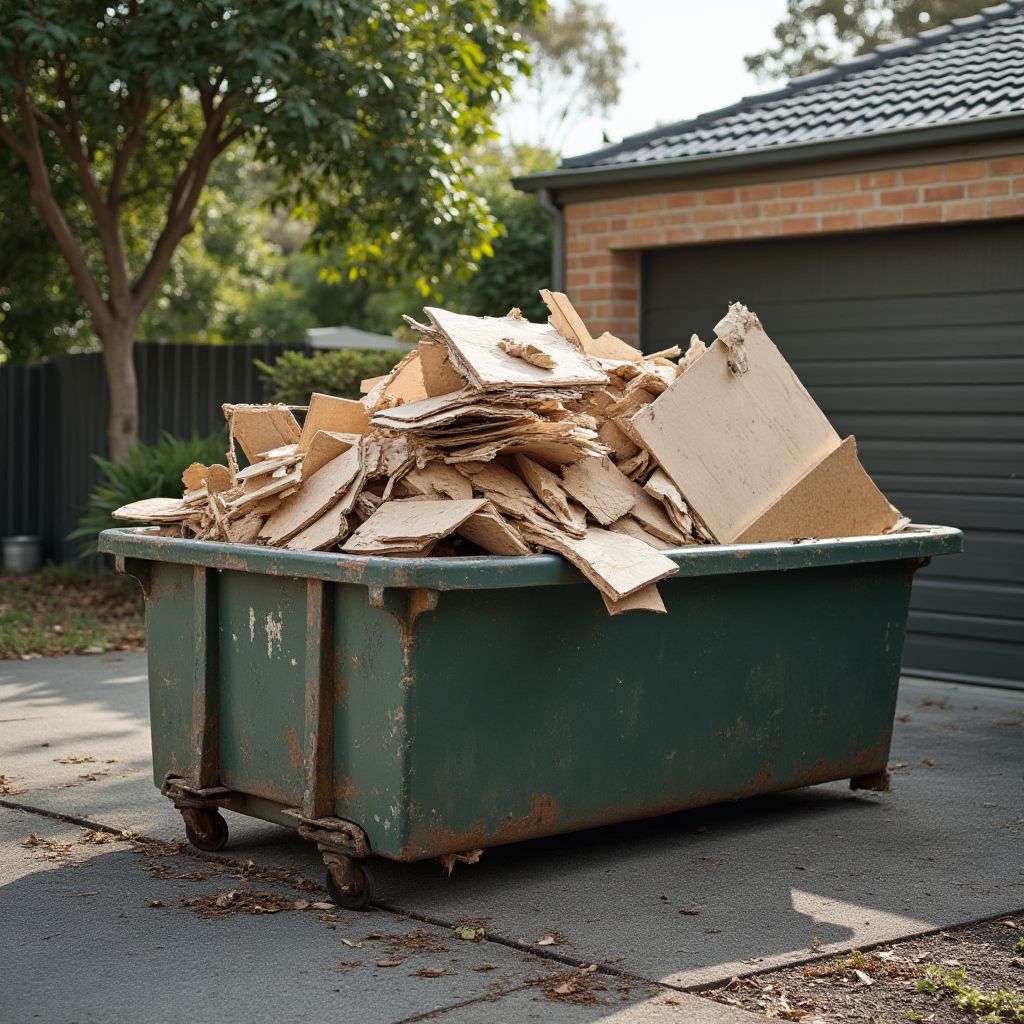 Green skip bin on a driveway overflowing with broken plasterboard offcuts during interim renovation cleanup