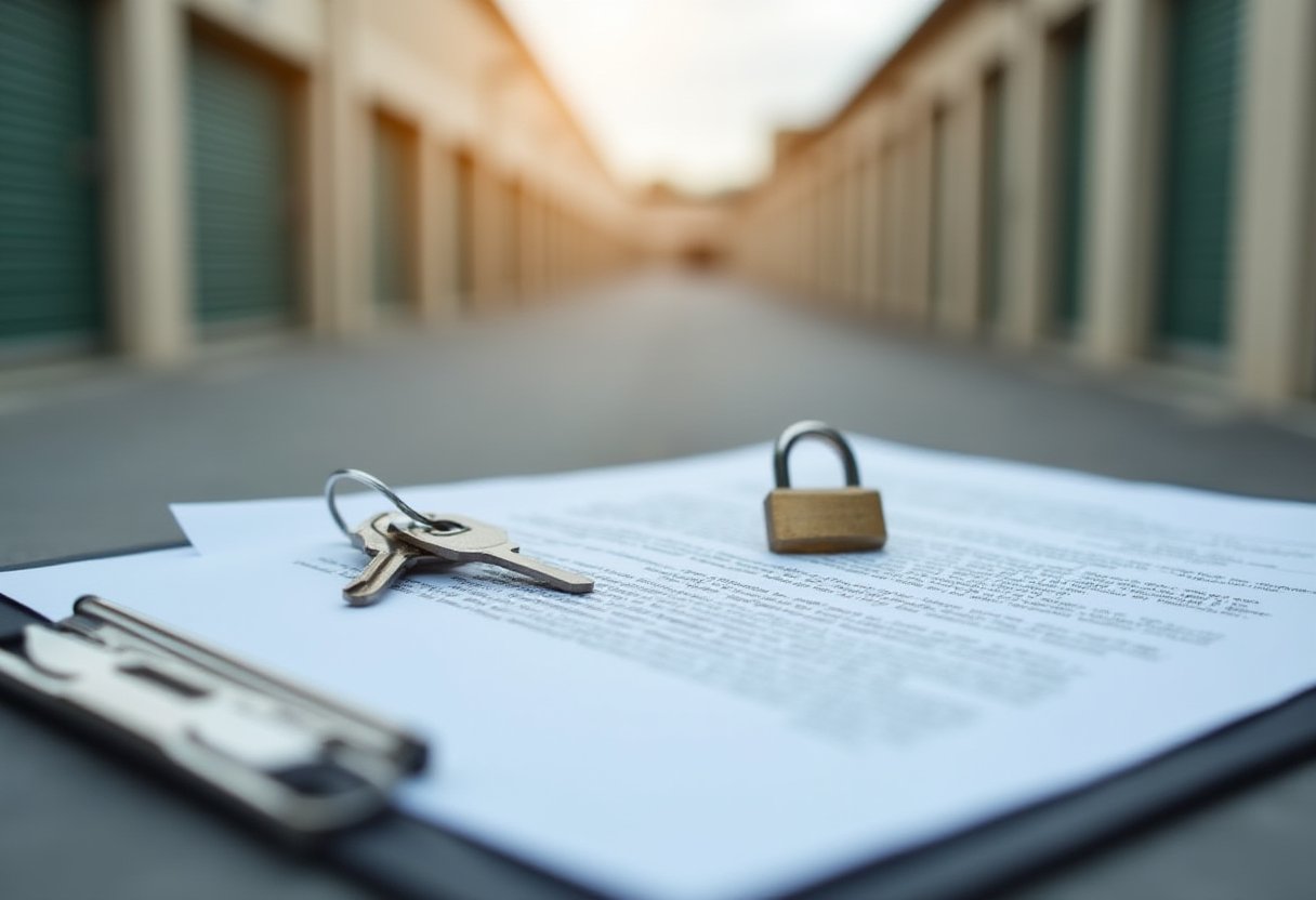 Padlock and keys on a signed storage unit contract, with rows of self storage units blurred in the background.