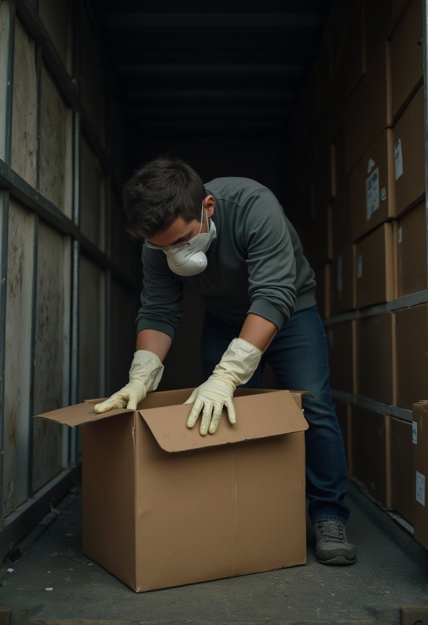 Man in P2 mask and gloves opens a cardboard box during a Melbourne self storage clear out