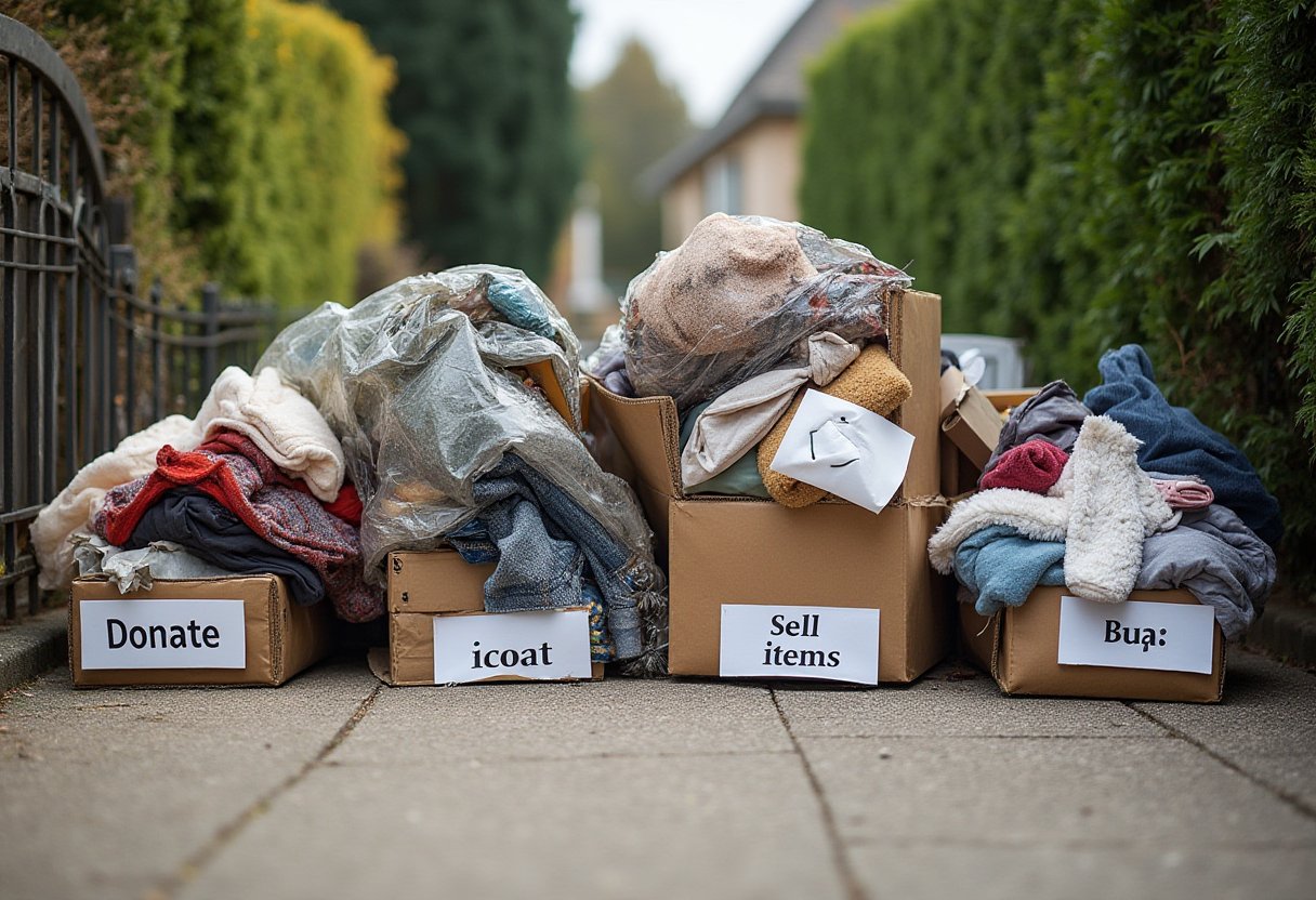 Sidewalk sorted into labelled boxes for a storage unit clean out: donate, sell items, and recycle piles of clothing and linens