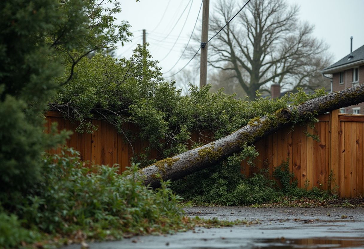 Fallen tree resting across a Melbourne backyard fence near power lines after a storm, showing broken timber and debris