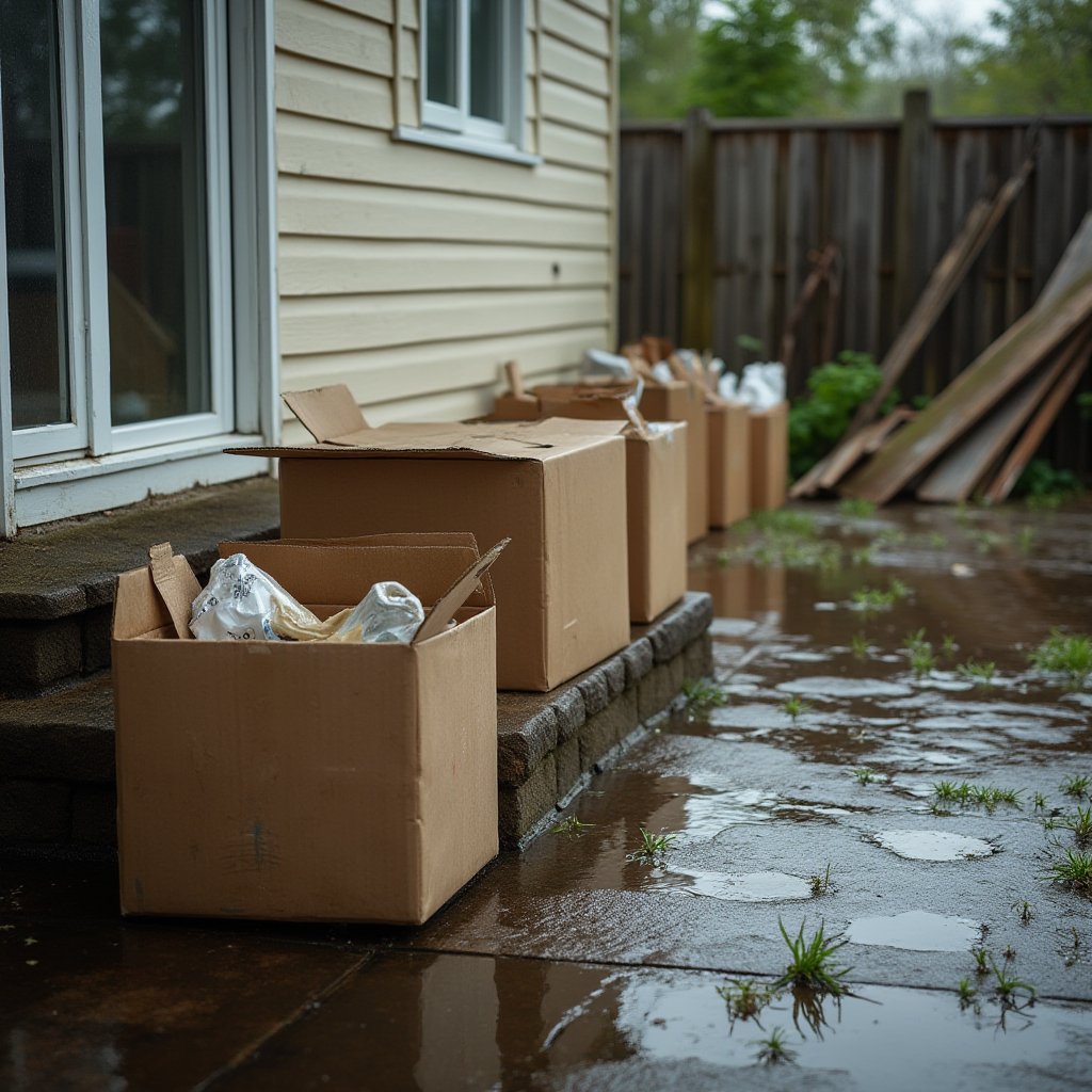 Rain-soaked cardboard boxes lined along a Melbourne back step beside broken fence timber during storm cleanup