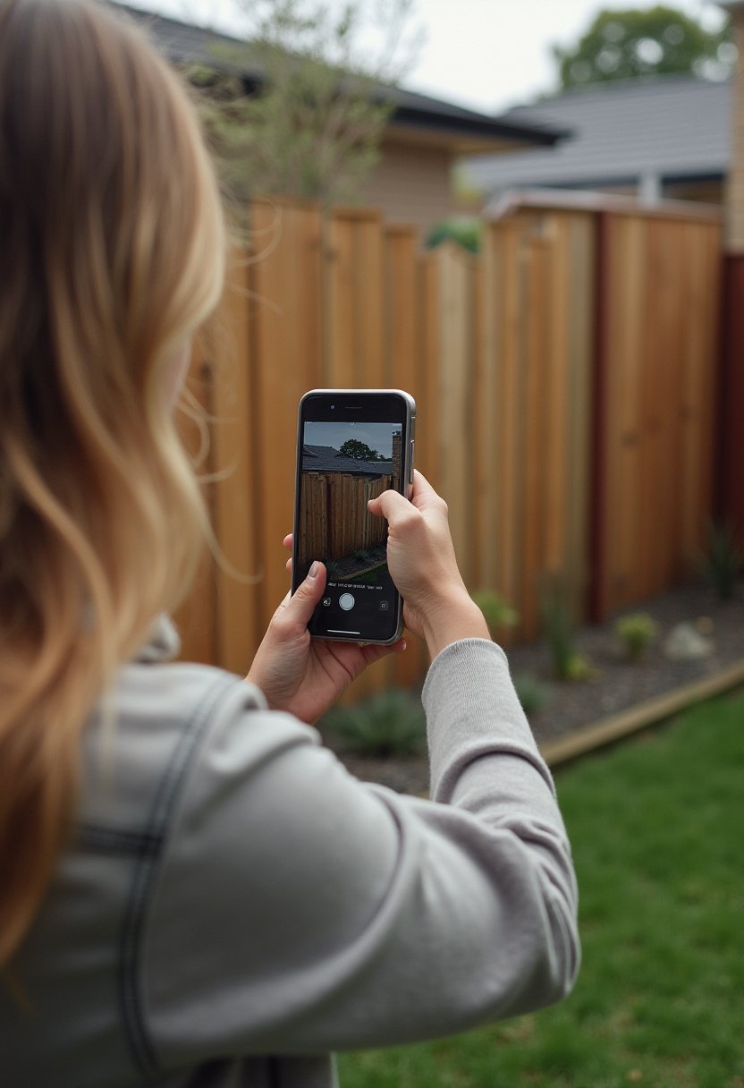 Melbourne homeowner photographing storm damage to a timber fence on a phone for insurance and storm cleanup records