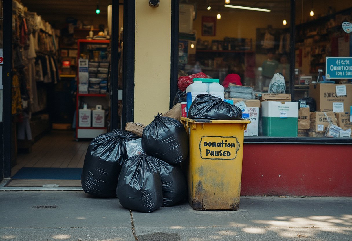 Black bags of clothing donations piled beside a yellow bin reading "Donation Paused" outside a Melbourne op shop