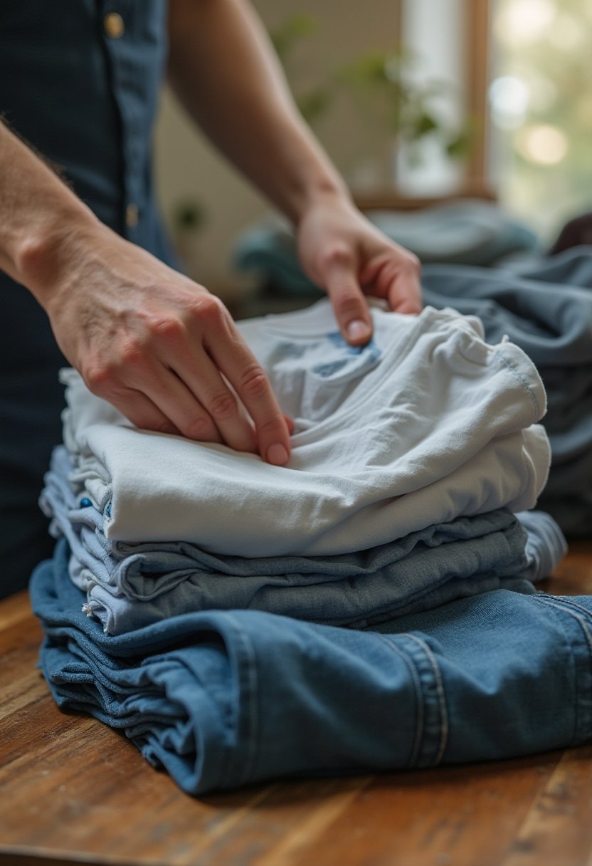 Folding a stack of clean t-shirts and jeans on a wooden table before dropping off clothing donation Melbourne op shops