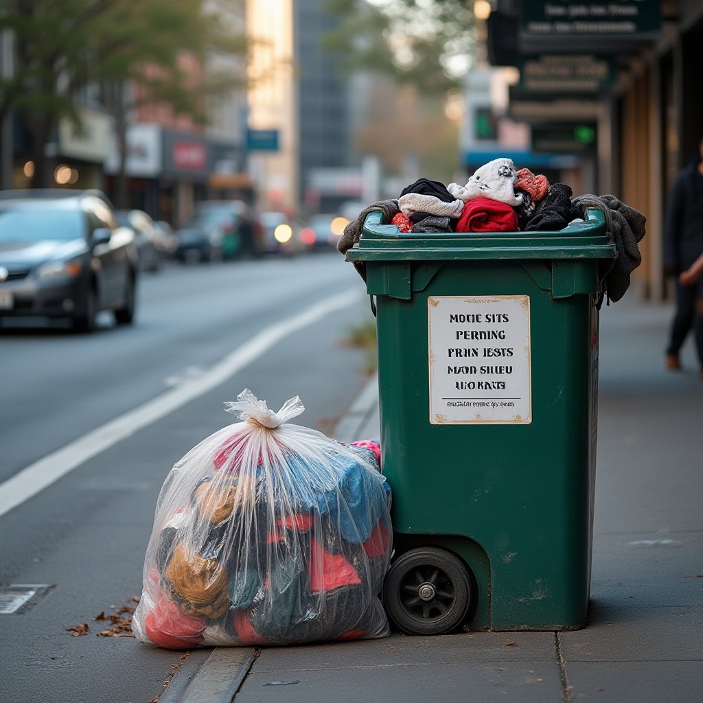 Overflowing green council bin and a stuffed clear bag of clothes on a Melbourne footpath, a common sight when op shop donations are full