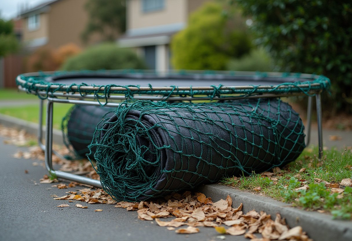 Dismantled trampoline frame and rolled safety net left at the kerb for Melbourne council hard waste collection