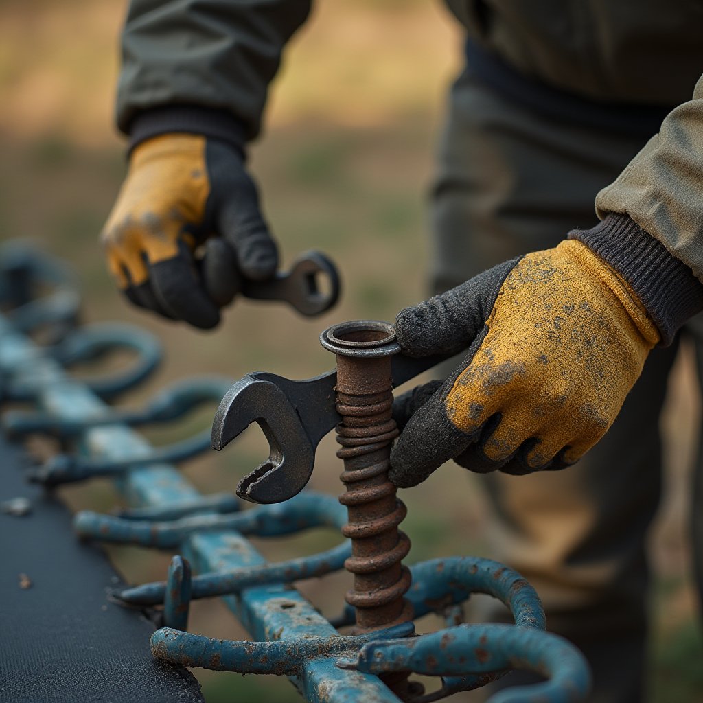 Gloved hands using a spanner to unbolt a rusted spring leg from an old trampoline frame during dismantling