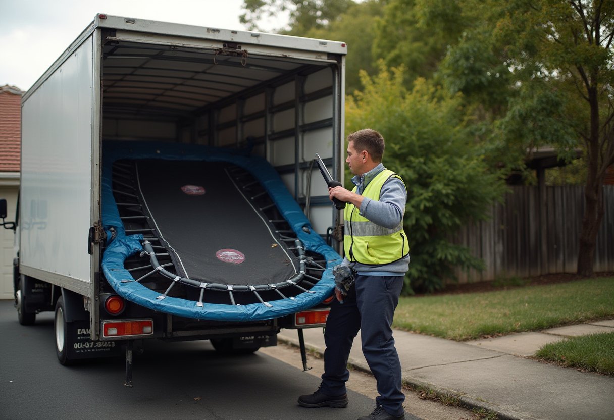 Removalist in hi-vis loading a dismantled trampoline into a truck on a Melbourne suburban street