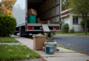 Paint tins and a potted plant left on the kerb beside a moving truck ramp — what removalists wont take on moving day