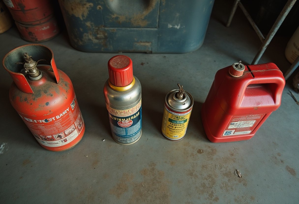 Old fuel canister, camping gas bottle, aerosol can and petrol jerry can lined up on a garage floor before decluttering before a move