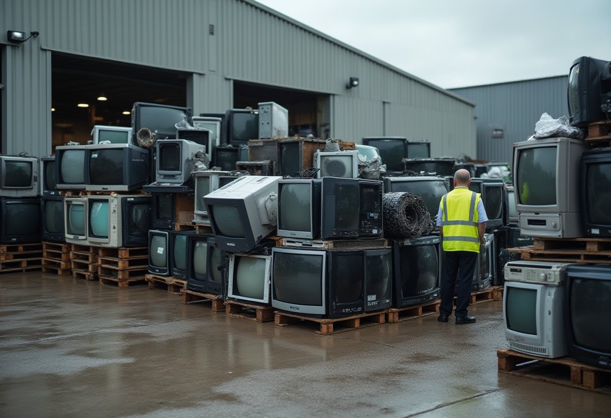 Stacked pallets of old CRT TVs at a Melbourne e-waste yard, worker in hi-vis inspecting rubbish removal