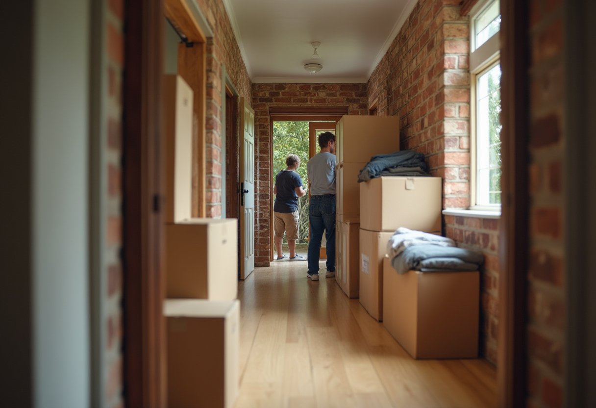 Hallway of an older Melbourne brick home with packing cartons and folded linen stacked along one wall during a family clear-out