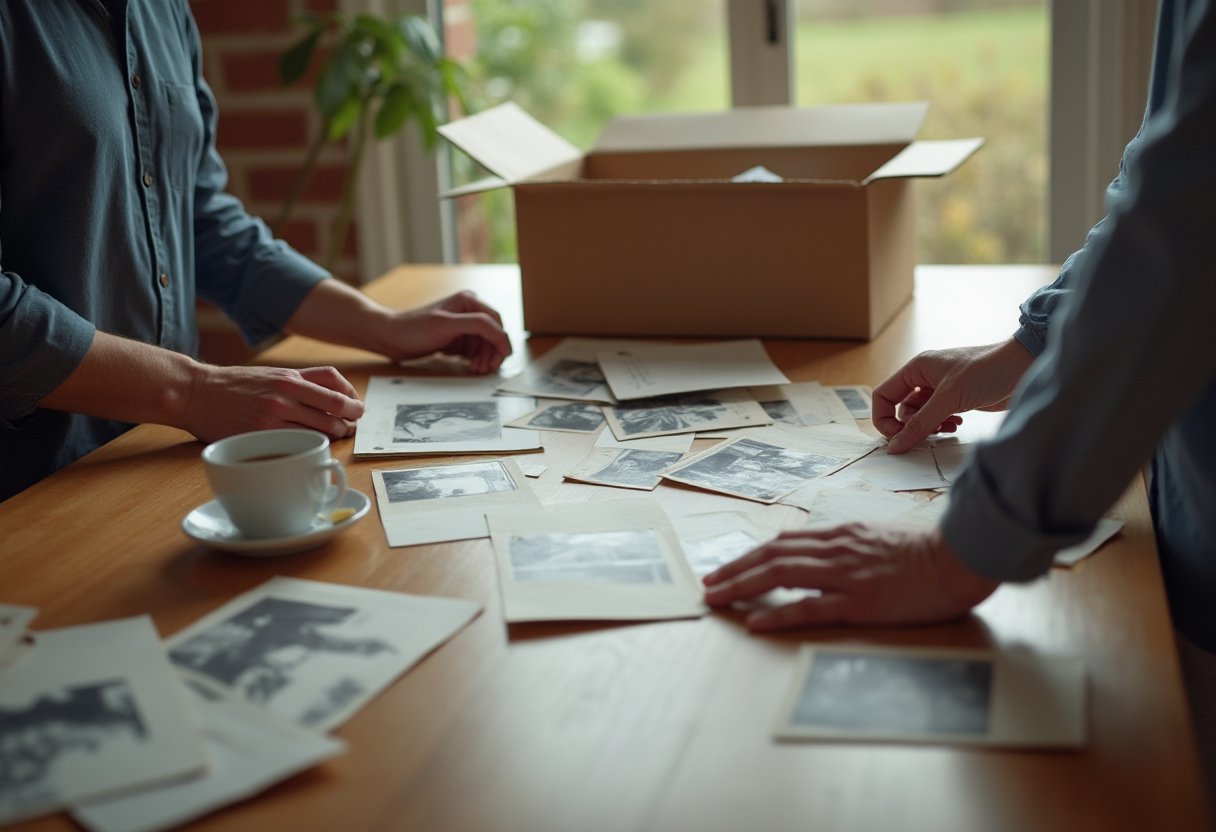 Two people sorting old family photographs and letters across a kitchen table beside an open carton