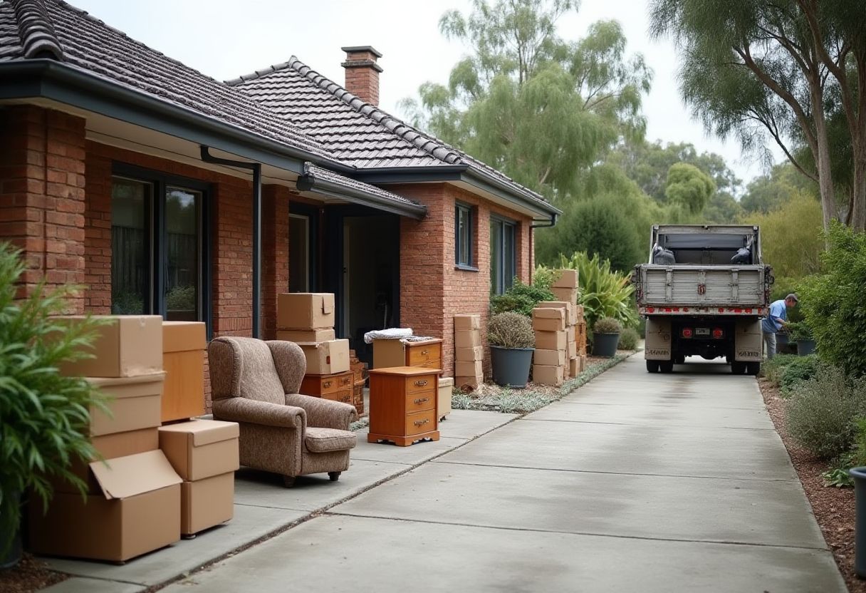 Household contents sorted into groups on the driveway of a Melbourne brick veneer home with a tipper truck backed in at the kerb