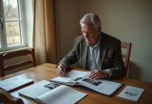 Executor reviewing estate paperwork and family photo albums at a kitchen table while clearing a deceased estate in Victoria.