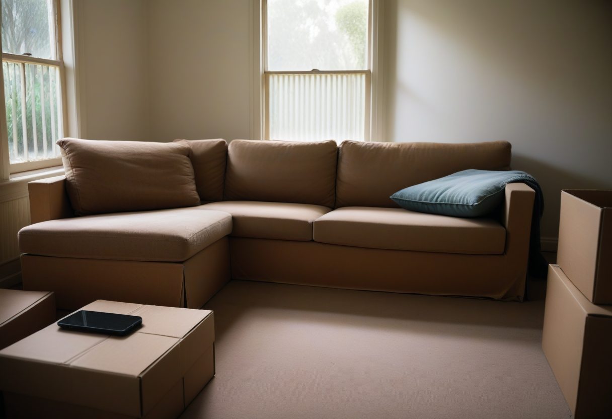 A half-cleared living room with a sofa, packed cardboard boxes and a phone resting on a box, ready to photograph the room for the estate clearance record