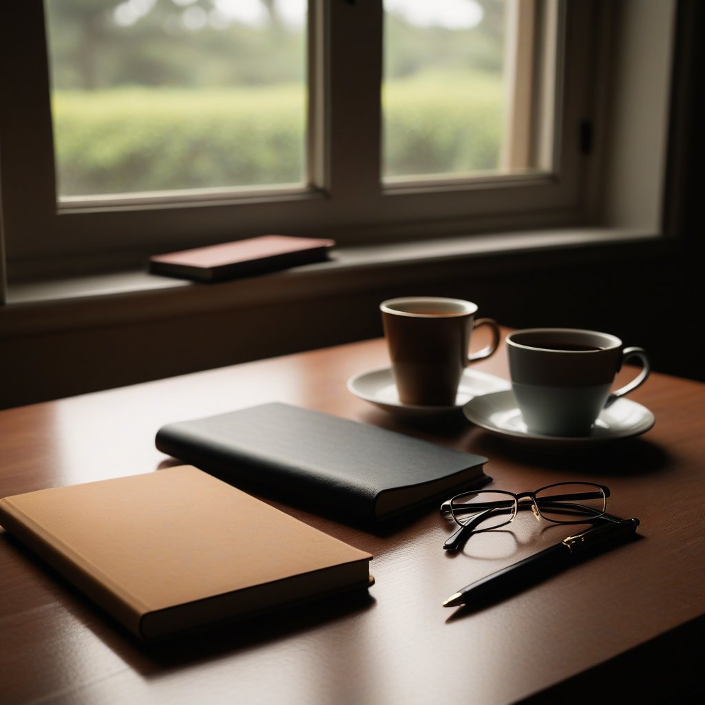 Closed notebooks, reading glasses, a pen and two cups of tea on a wooden desk beside a window